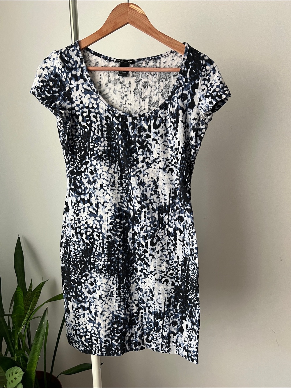 H&M Navy blue & White Printed Scoop Neck mini cotton dress S